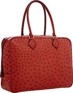 Hermes 32cm Rouge Vif Ostrich Plume Bag with Gold Hardware Very Good Condition  14" Width x 10" Height x 4" Depth
