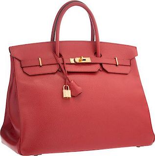 Hermes 40cm Rouge Vif Ardennes Leather Birkin Bag with Gold Hardware Very Good Condition 15.5" Width x 11" Height x 8" Depth