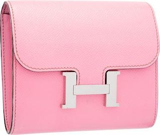Hermes 5P Pink Epsom Leather Constance Wallet with Palladium Hardware Very Good Condition 5" Width x 4.5" Height x 1" Depth