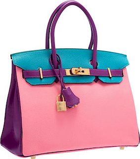Hermes Special Order Horseshoe 30cm Rose Confetti, Anemone & Blue Aztec Chevre Leather Birkin Bag with Gold Hardware Pristine Condition 12" Width x 8"