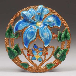 Arts & Crafts Hammered Copper & Enamel Floral Cutout Brooch c1910s