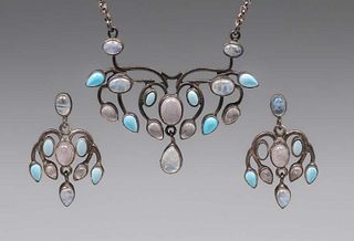 English Arts & Crafts Turquoise & Moonstone Necklace & Earrings Set c1905