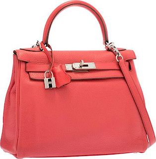 Hermes 28cm Rose Jaipur Clemence Leather Retourne Kelly Bag with Palladium Hardware Very Good Condition 11" Width x 8" Height x 4" Depth