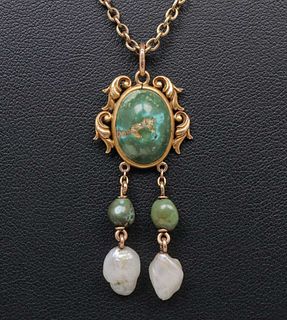 Boston Arts & Crafts 14k Gold Green Turquoise & Pearl Pendant Necklace c1905