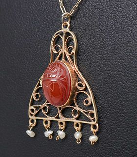 Arts & Crafts 14k Gold Carnelian Scarab Pendant Necklace c1920s