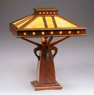 Peterson Art Furniture Co - Faribault, MN Cutout Oak & Slag Glass Lamp c1910