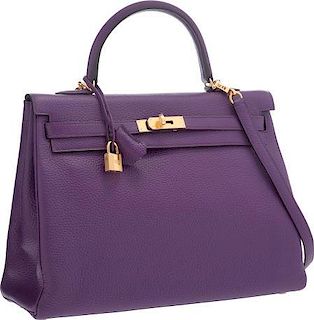 Hermes 35cm Ultraviolet Clemence Leather Retourne Kelly Bag with Gold Hardware Pristine Condition 14" Width x 10" Height x 5" Depth