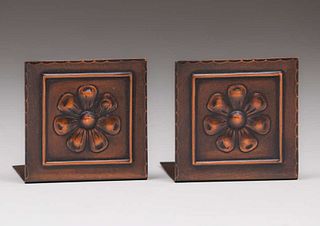 Small Square Roycroft Hammered Copper Bookends c1920s