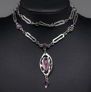 Chicago Arts & Crafts Sterling Silver Cutout Amethyst Necklace c1905