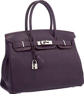 Hermes 30cm Raisin Clemence Leather Birkin Bag with Palladium Hardware Very Good Condition 12" Width x 8" Height x 6" Depth