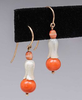 14k Gold Coral & Hand-Carved Mother-of-Pearl Earrings c1910s