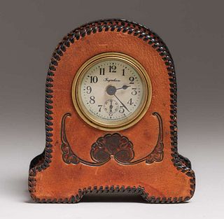 Ingraham Clock Co Tooled Leather Desk Clock c1910s