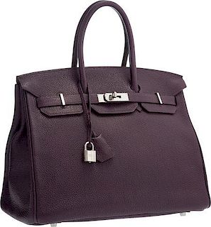 Hermes 35cm Raisin Togo Leather Birkin Bag with Palladium Hardware Very Good to Excellent Condition 14" Width x 10" Height x 7" Depth