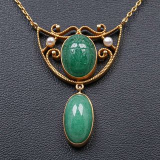 Arts & Crafts 14k Gold Jade Scarab Seed Pearl Necklace c1920s