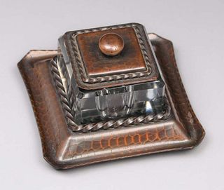 Roycroft Hammered Copper & Glass Inkwell c1920s
