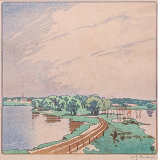 Walter J. Phillips Color Woodblock "Red River Road (Manitoba)â€ c1923