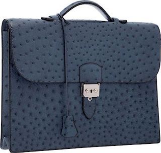 Hermes Blue Roi Ostrich Single Gusset Sac a Depeches Briefcase Bag with Palladium Hardware Very Good to Excellent Condition 13.5" Width x 10" Height x