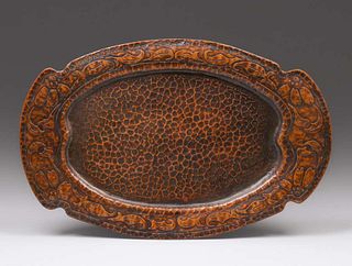 Early Craftsman Studios - Brooklyn, NY Hammered Copper Acid-Etched Tray c1915-1920
