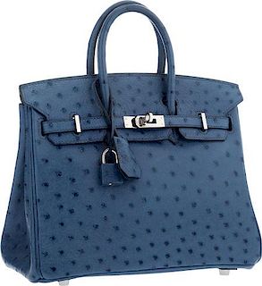 Hermes 25cm Blue Roi Ostrich Birkin Bag with Palladium Hardware Excellent to Pristine Condition 9.5" Width x 8" Height x 5" Depth