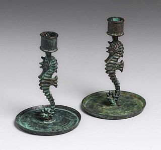 Pair E.T. Hurley Bronze Seahorse Candlesticks c1920s