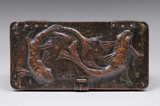 Newlyn Hammered Copper Double Fish Box c1900