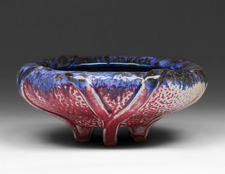 Fulper Pottery Four-Footed Cobalt Blue Over Pink Fruit Bowl c1910s