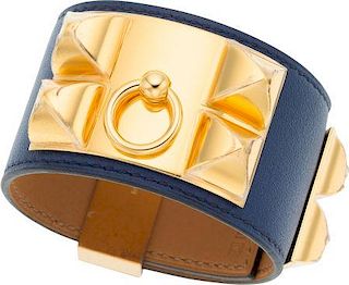 Hermes Blue Saphir Swift Leather Collier de Chien Bracelet with Gold Hardware Pristine Condition 1.5" Width
