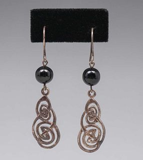 Scottish Celtic Arts & Crafts Silver & Obsidian Earrings c1910s