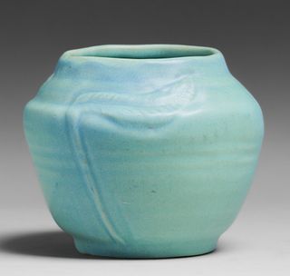 Van Briggle Matte Blue Leaf Vase c1980s