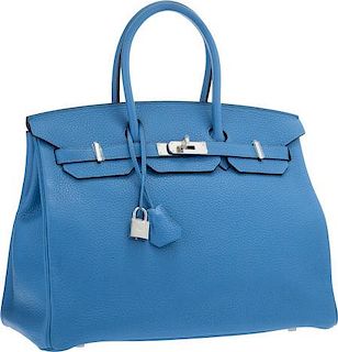 Hermes 35cm Blue Paradis Clemence Leather Birkin Bag with Palladium Hardware Excellent to Pristine Condition 14" Width x 10" Height x 7" Depth