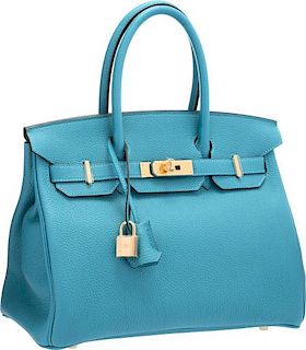 Hermes 30cm Turquoise Togo Leather Birkin Bag with Gold Hardware Pristine Condition 12" Width x 8" Height x 6" Depth