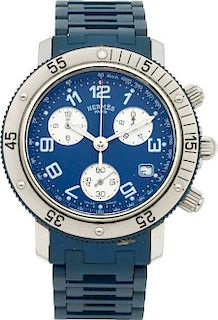 Hermes Stainless Steel Clipper GM Chronograph with Blue PVC Wrist Strap Excellent to Pristine Condition 1.5" Width x 6.5" Length