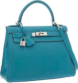 Hermes 28cm Turquoise Chevre Leather Retourne Kelly Bag with Palladium Hardware Very Good Condition 11" Width x 8" Height x 4" Depth