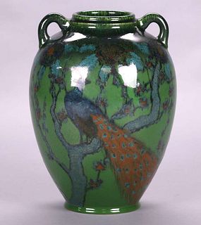 Rookwood E.T. Hurley Jeweled Porcelain Two-Handled Peacock Vase 1924