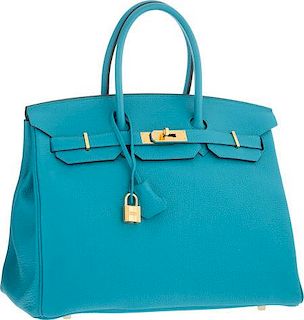 Hermes 35cm Turquoise Togo Leather Birkin Bag with Gold Hardware Excellent Condition 14" Width x 10" Height x 7" Depth
