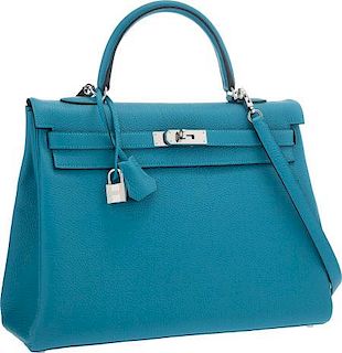 Hermes 35cm Turquoise Togo Leather Retourne Kelly Bag with Palladium Hardware Pristine Condition 14" Width x 10" Height x 5" Depth