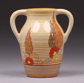 Clarice Cliff Two-Handled Isis Orange Caprice Vase c1930s