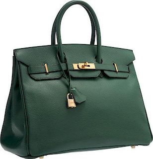 Hermes 35cm Vert Fonce Ardennes Leather Birkin Bag with Gold Hardware Very Good Condition 14" Width x 10" Height x 7" Depth