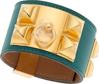 Hermes Malachite Swift Leather Collier de Chien Bracelet with Gold Hardware Pristine Condition 1.5" Width