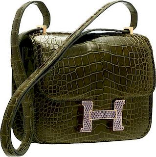 Hermes Limited Edition 18cm Shiny Vert Veronese Alligator & Agate Lizard Double Gusset Marquette Constance Bag with Gold Hardware Pristine Condition 7