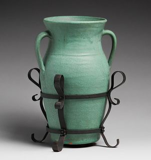 Large Matte Green Two-Handled Vase Iron Stand c1910