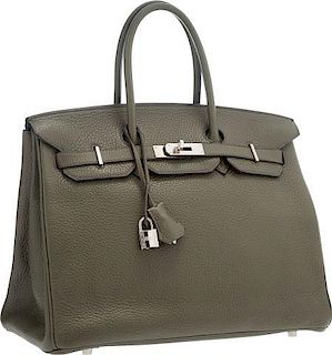 Hermes 35cm Vert Olive Clemence Leather Birkin Bag with Palladium Hardware Very Good to Excellent Condition 14" Width x 10" Height x 7" Depth