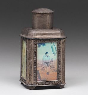 Antique Chinese Pewter & Hand Painted Glass Tea Caddy c1920s