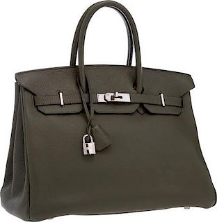Hermes 35cm Vert Olive Togo Leather Birkin Bag with Palladium Hardware Very Good to Excellent Condition 14" Width x 10" Height x 7" Depth