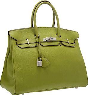 Hermes 35cm Vert Anis Togo Leather Birkin Bag with Palladium Hardware Very Good Condition 14" Width x 10" Height x 7" Depth