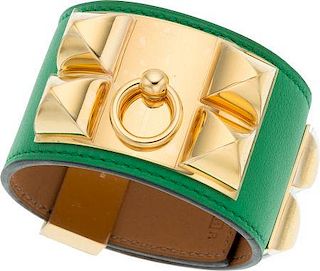 Hermes Bamboo Swift Leather Collier de Chien Bracelet with Gold Hardware Pristine Condition 1.5" Width