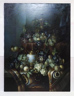 OIL ON CANVAS PAINTING OF VASE AND GRAPES