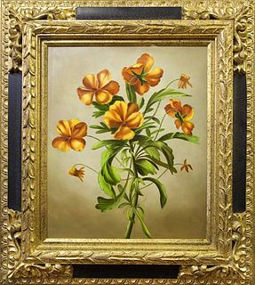 FRAMED PAINTING OVER PRINT ON CANVAS OF FLOWERS
