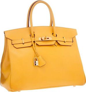 Hermes 35cm Jaune Courchevel Leather Birkin Bag with Gold Hardware Very Good Condition 14" Width x 10" Height x 7" Depth