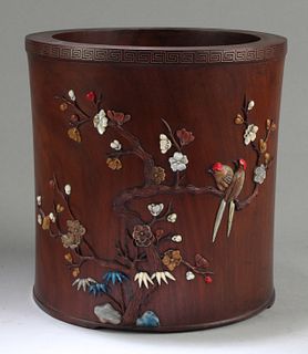 Chinese Hardwood Brushpot with Mother-of-Pearl Inl